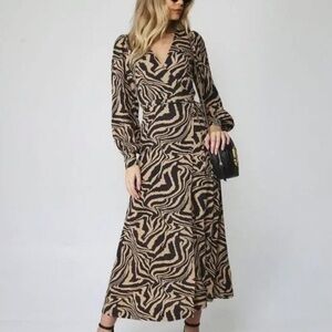 GANNI Tiger‎ Print Wrap Long-Sleeve Maxi Dress Size EU 34 Black & Brown